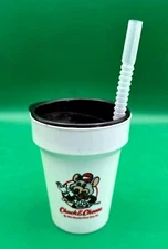RARE! VINTAGE 1991 CHUCK E CHEESE SHOWBIZ PIZZA MOUSE 4” CUP, BLACK LID, STRAW