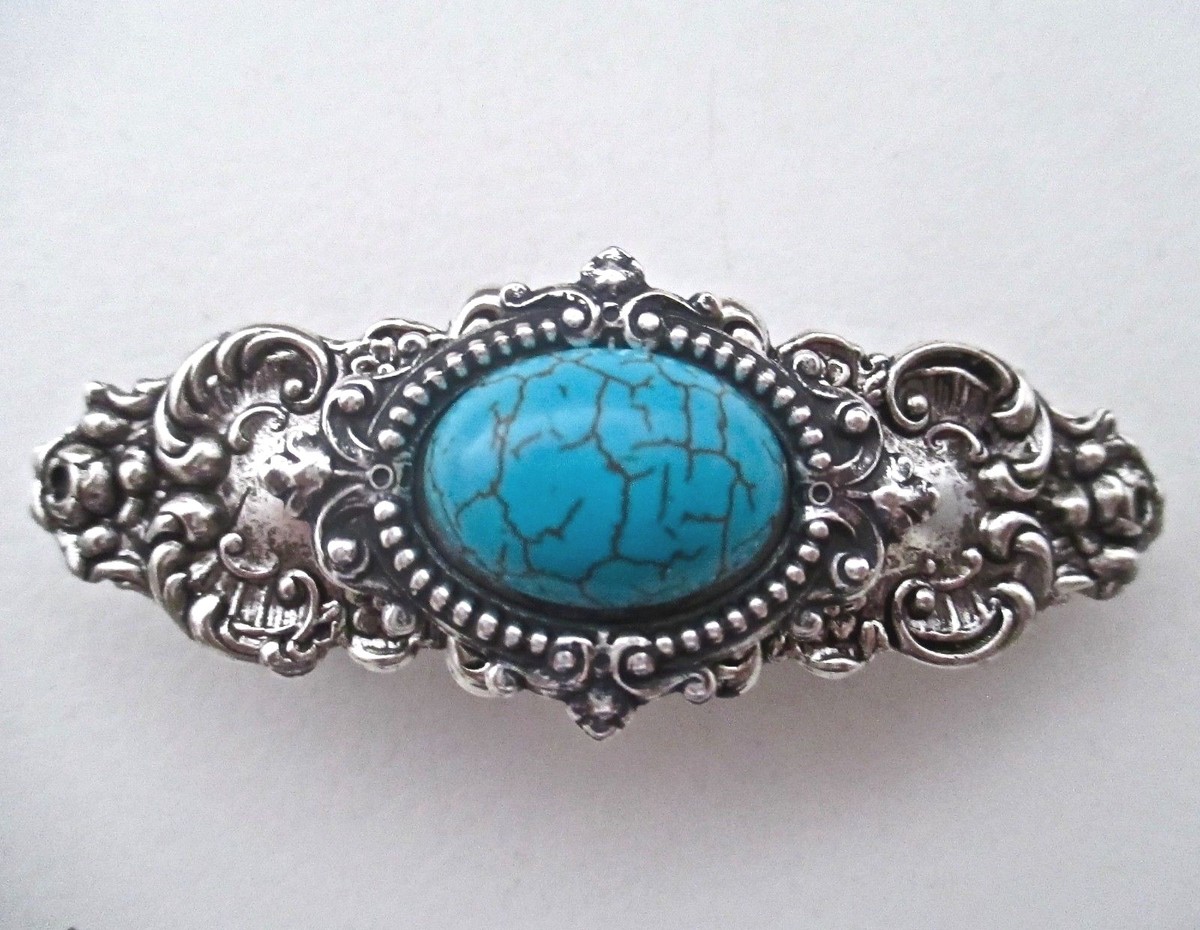 Barrette Victorienne - Cabochon Turquoise Et Agate (bœuf) - Argenté Plaqué Laiton - Fait Main Aux USA - Neuf Avec étiquettes