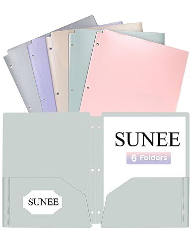 3 Hole Pocket Folders (6 Pack, Pastel Color), Plastic Multicolored 2 6-Pack