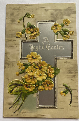 Vintage Easter Greetings Postcard c1912 ~ Floral Cross, embossed, posted