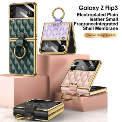 Samsung Galaxy Z Flip3 Stoßfeste Leder Skin Ring Stand Case Cover