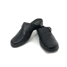 Clarks 7M Black Leather Clog Mule Shoes Buckle Comfort Heel Ruching