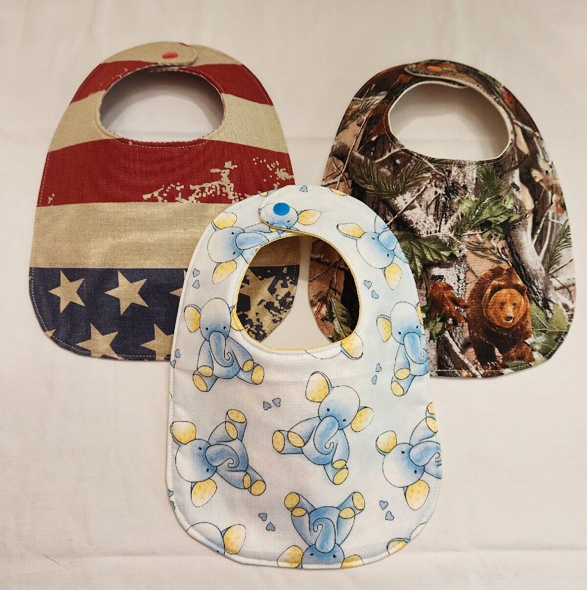 Handcrafted Baby Bibs Set of 3 Novelty Print Snap Closure 8 in W x 11 in L