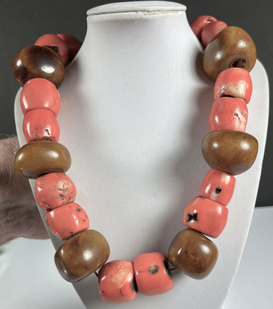 ANTIQUE TIBETAN PINK CORAL COPAL RESIN AMBER BEAD NECKLACE KHAMPA