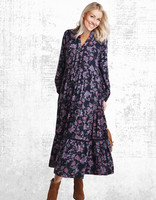 Womens Julipa Long Sleeve Notch neck Lace Trim Floral Printed Dress Navy