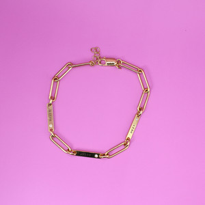 Authentic 925 Sterling Silver Gold Plated Paperclip Bracelet Engraved Names CZ 9.84g Adjus