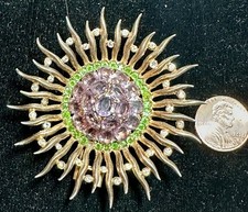 Crown TRIFARI Fur Clip Vintage Pin Starburst Signed w Amethyst Stones & Green
