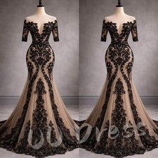 Sheer Neck Black Lace Mermaid Evening Dress Formal Prom Party Gown Long Train