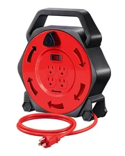 DEWENWILS 25FT Red Extension Cord Reel Hand Crank 1625W 13A Breaker UL Listed