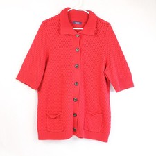 Vintage Chaps Women's Large Red Button-Up Short Sleeve Sweater - Pre-Owned