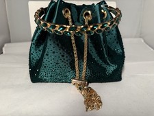Emerald Green Satin Bucket Bag - Gold Chain & Jeweled Handle