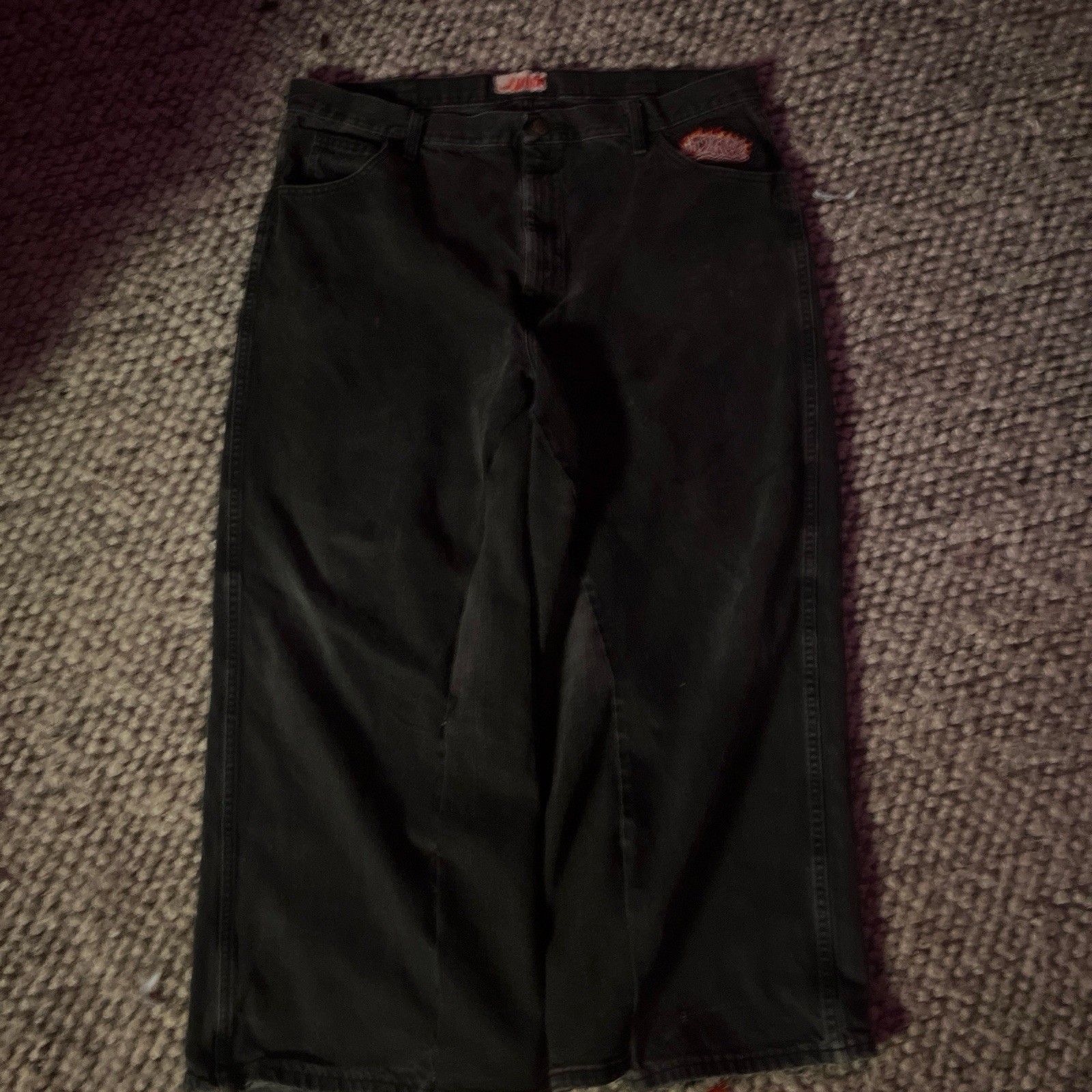 Men&rsquo;s Black Wide-leg Relaxed Fit Denim 5-pocket Flame Patc