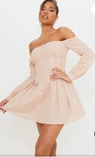 Pretty Little Thing Size 16 Embroidered Anglaise Pleated Bardot Shift Dress