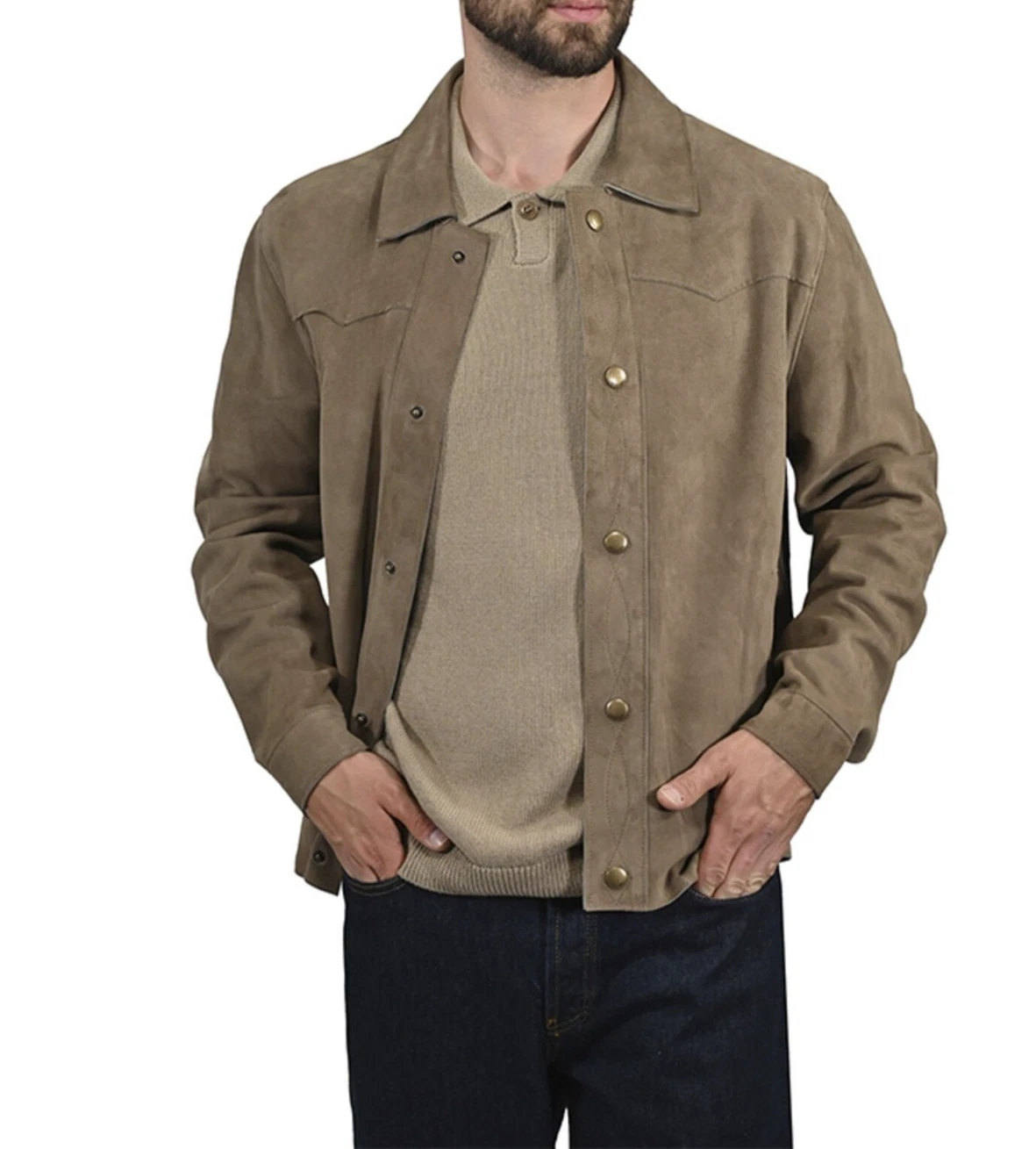 Men's Taupe Suede Leather Trucker Jacket Western Style Vintage Shirt Look Jacket