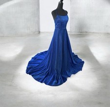 Blue Glitter Strappy Long Gown Scoop Neck Pockets Zip 100 Polyester L 9918630