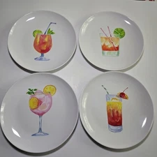 Set 4 COCKTAILS 8.5” Party Plates Melamine Appetizer Snack Salad Brunch Drinks
