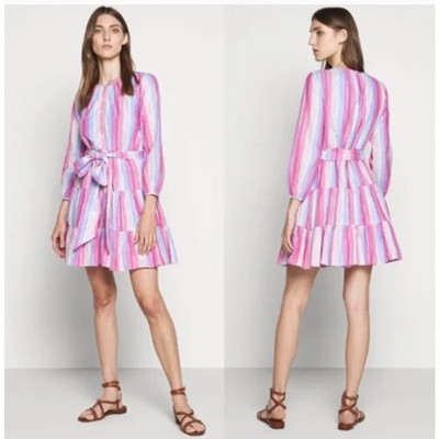 J.CREW Veda Striped Raibow Pastel Pink Blue Tiered Mini Dress Long Sleeve XS
