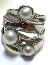 Designer HG Hagit Gorali Israel Sterling Silver & Pearl Modernist Ring Size 8