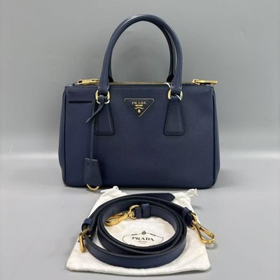 Prada Triangle Logo Galleria Saffiano Leather 2 Way Bag Navy Top Handle Bag