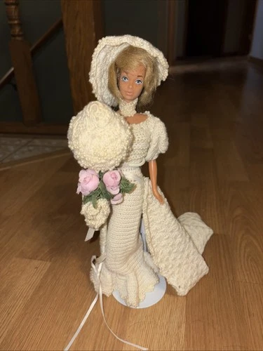 Vintage Mattel Barbie Doll. Hand Crotched Wedding Dress With Pearls And Parousel