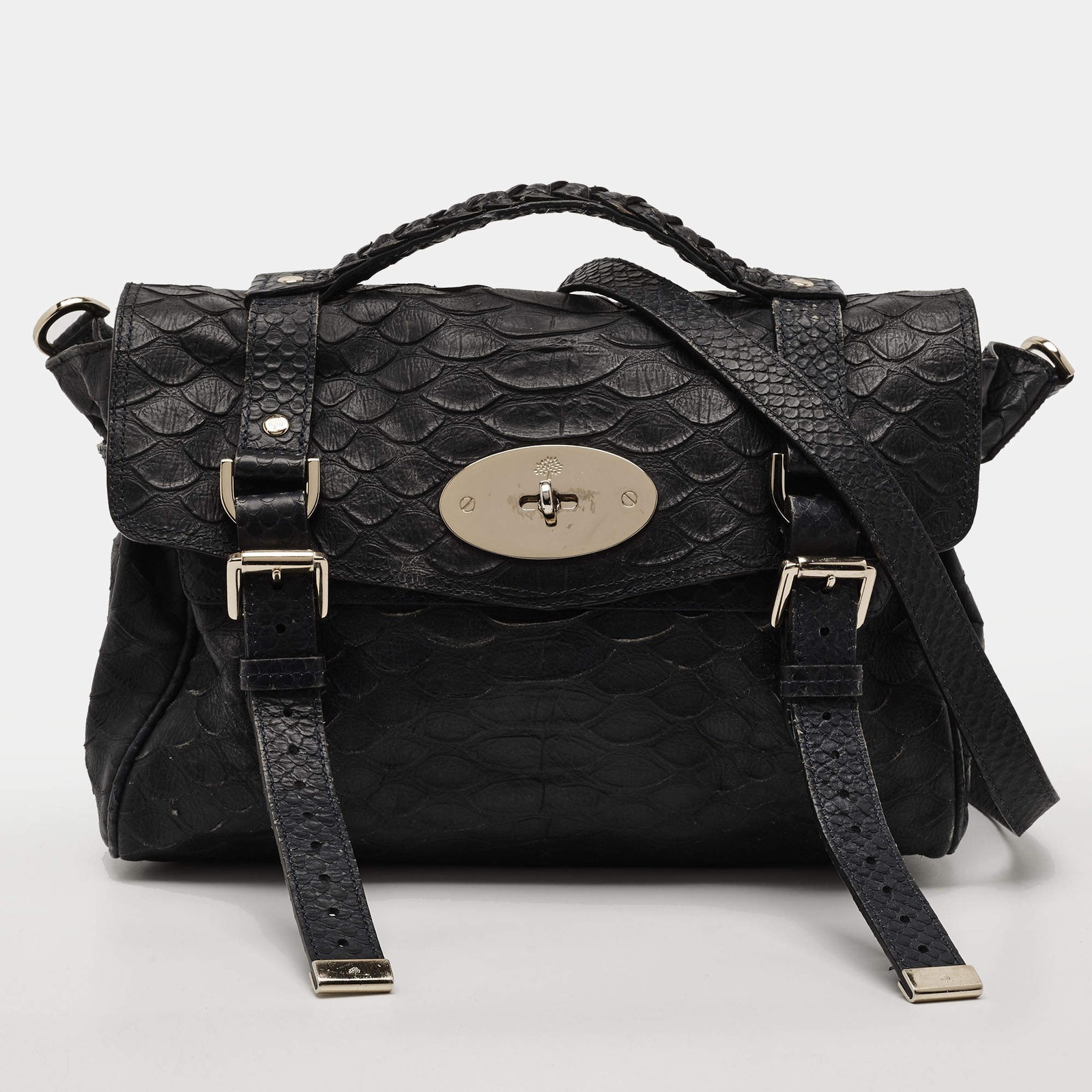 Mulberry Alexa Navy Blue Python Embossed Leather Bag