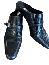 Brighton Tiana Croc-Embossed Leather Mule Heels Black Size 6 M Made In Brazil