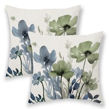 Blue Sage Green Pillow Covers 18x18 Inch Set of 2 Vintage Spring Blue Green F...