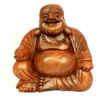 Large 31cm Wooden Happy Buddha Statue Hand Carved Laughing Fat Chinese CLEARANCE