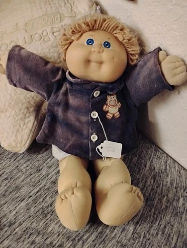 Vintage 1985 Cabbage Patch Kid Boy Doll Blonde Curly Hair Blue Eyes Dimple