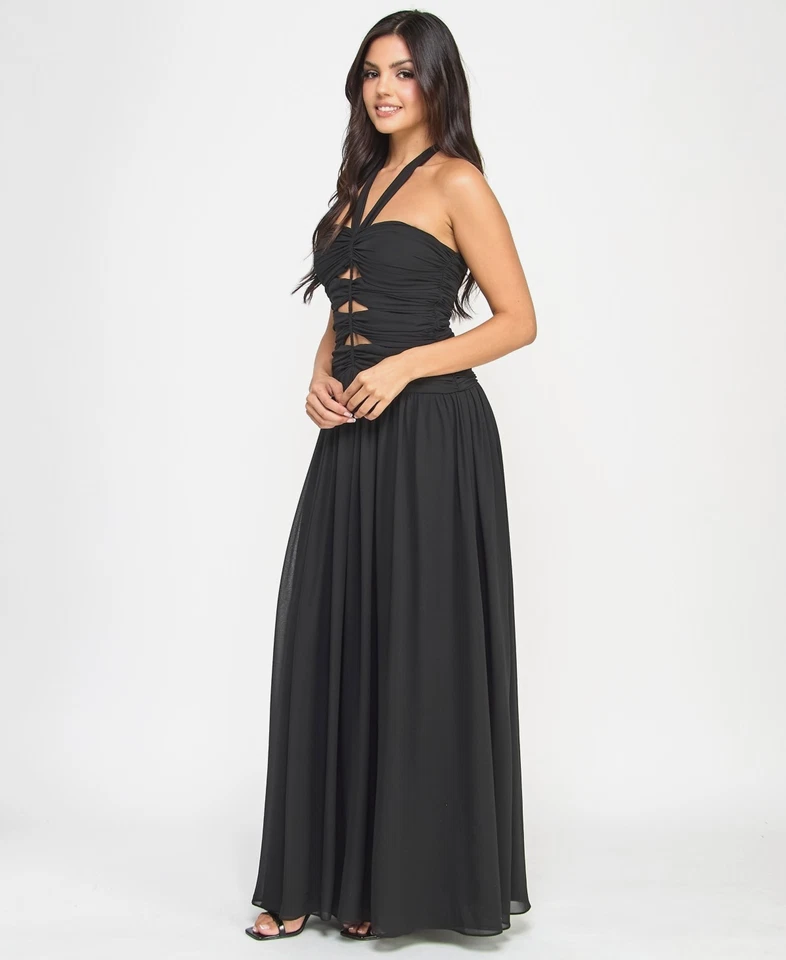 B Darlin Juniors' Cutout Gathered Sleeveless Halter Gown - Black - 7/8 - Image 3 of 4