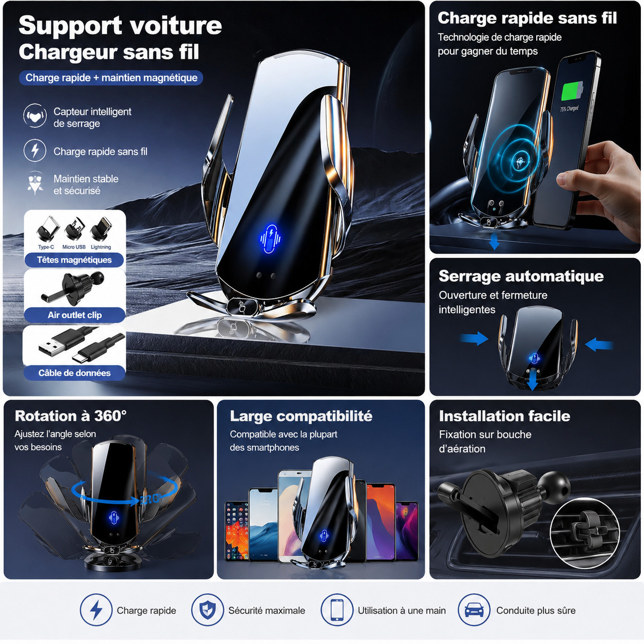 Chargeur sans fil voiture à serrage auto intelligent rapide 15W Qi