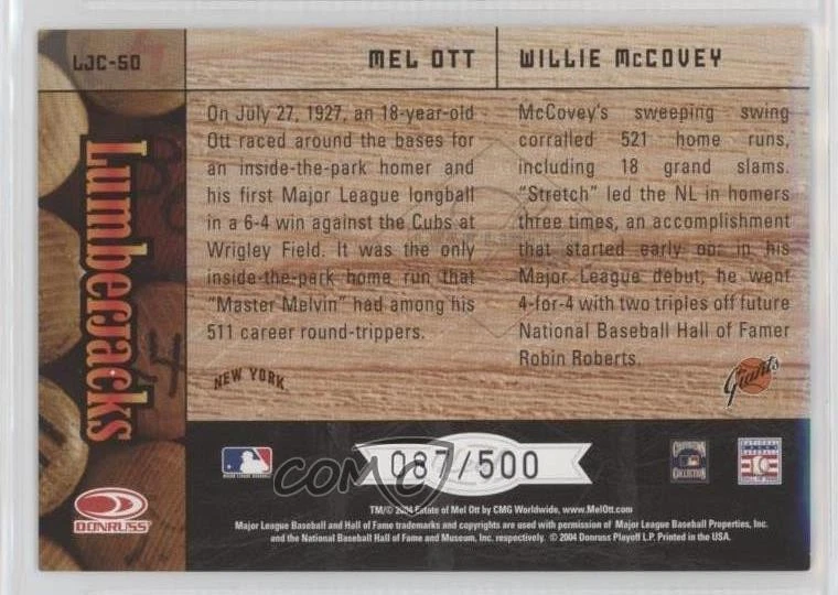 2004 Leaf Limited Lumberjacks /500 Mel Ott Willie McCovey #LJC-50 HOF - Image 2 of 2