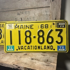 Vintage 1968 Maine Yellow License Plate Set Of Two Good Condition