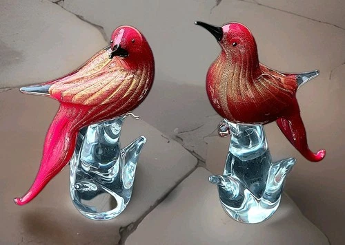 Vtg Pair Italian Murano Formia Birds Of Paradise Red & Gold Art Glass Birds