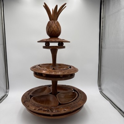 3 Tier Tiki Mid Century Hand Carved Monkey Pod Wood Pineapple Lazy Susan