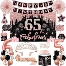 65th Birthday Decoration for Women Black Rose Gold Tiara Sash Backdrop Banner