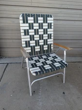 Vintage Folding Webbed Lawn Chair Aluminum Wood Arms Green White Outdoor Patio
