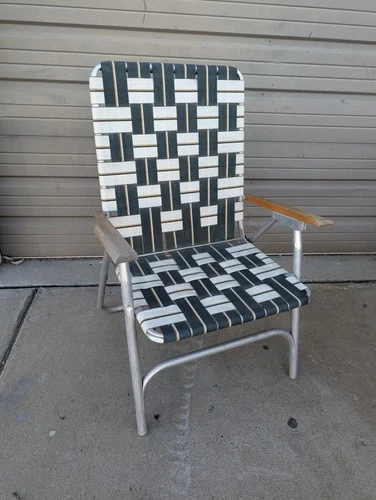 Vintage Folding Webbed Lawn Chair Aluminum Wood Ar