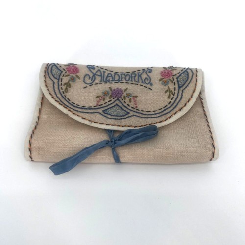 Hand Embroidered Fabric Roll Up 'Salad Fork' Notion Supply Carrying Pouch VTG
