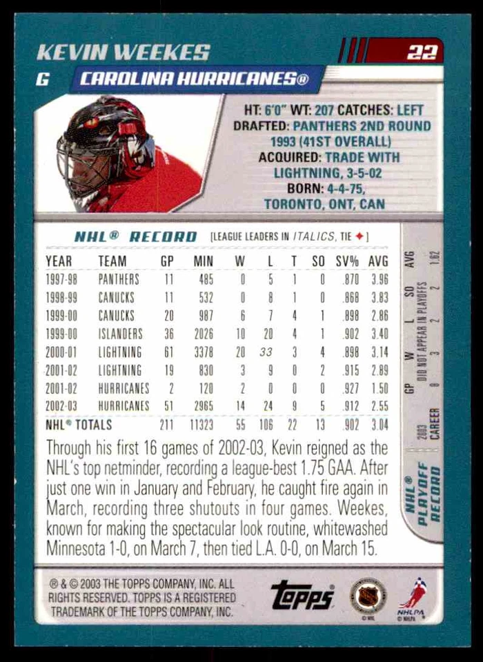 2003-04 TOPPS BLUE KEVIN WEEKES 414/500 CAROLINA HURRICANES #22 - Image 2 of 2