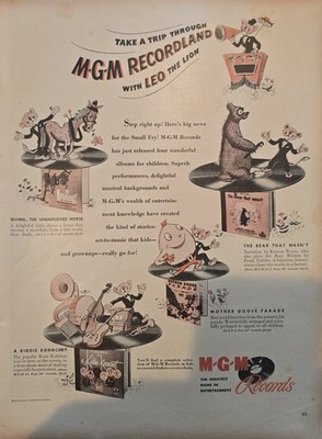 MGM Recordland Records with LEO The Lion Mother Goose 1947 Vintage Print Ad