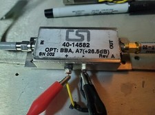 CSI amplifiers SMA 100 MHz  40-14582 24-26dB, 12VDC, RFA, BBA, READ, test data