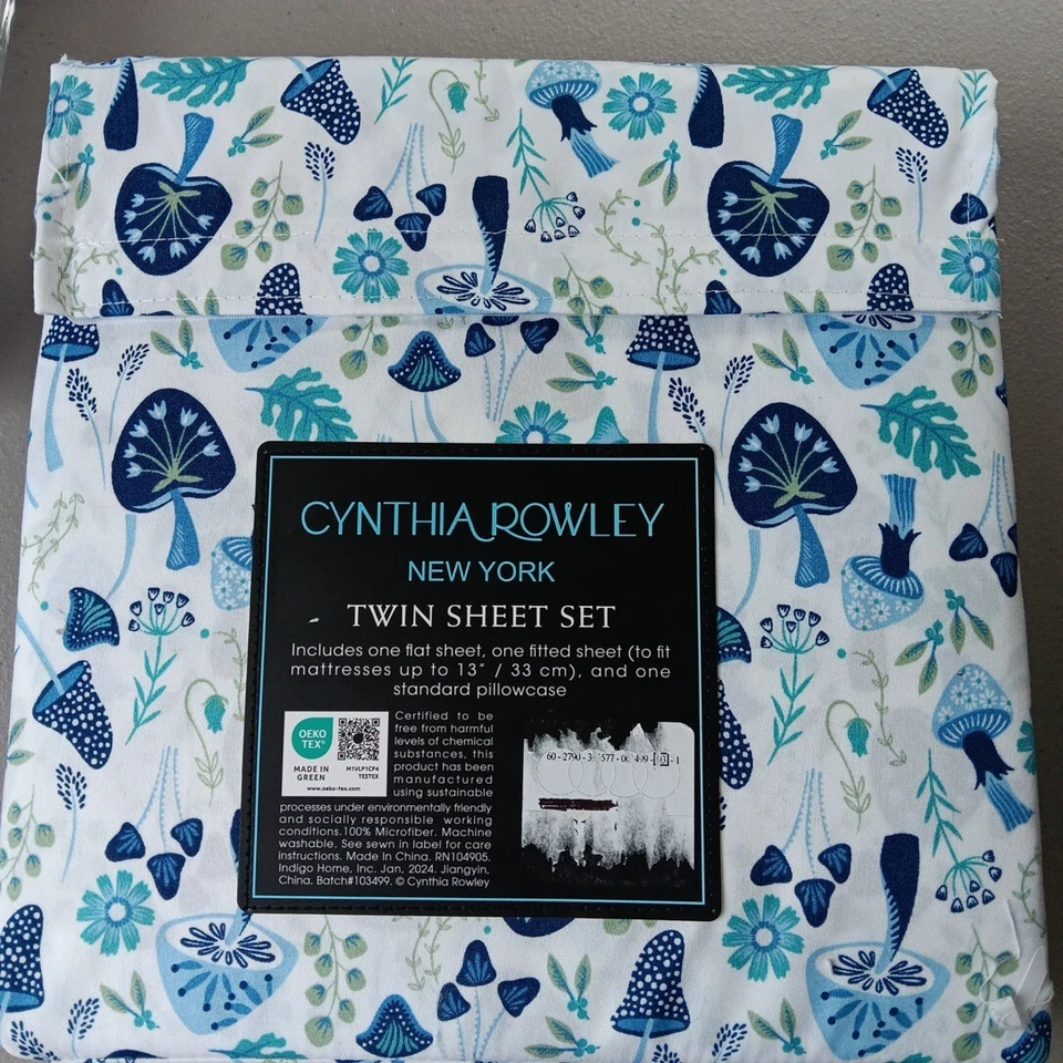 Juego de cama Cynthia Rowley de 4 DOBLES flores de hongo azul Groovy Acogedor NUEVO Boho Foto 4 de 4