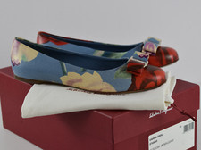 NIB Salvatore Ferragamo Sz 7 B Varina Prin Floral Leather Ballet Flats Logo Bow