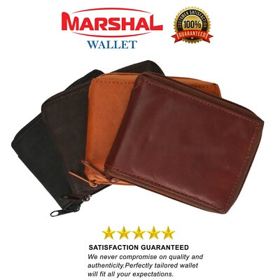RFID Blocking Genuine Leather Men's Bifold Wallet Credit Card Holder Zip Around Flap Top