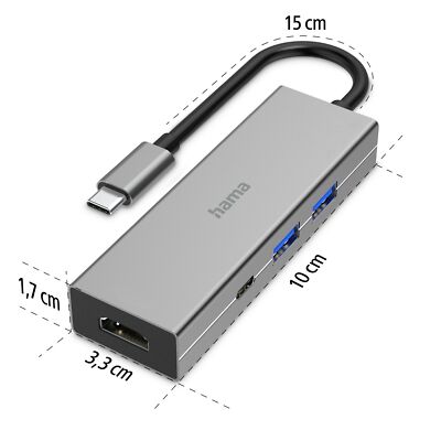 Hama USB-C-Hub 4in1 Multiport 5 Gbit/s 1x HDMI 4k, USB-C 2x USB-A Power-Delivery