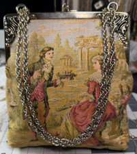JR Florida USA Purse Petite Point Tapestry- Courting Scene, Ornate Metal Frame
