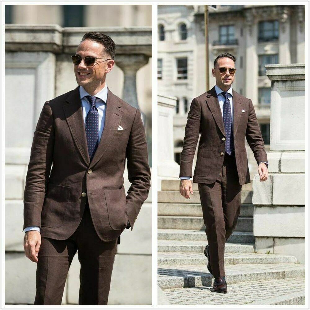 Men Dark Brown Cotton Linen Suit Groom Tuxedos Formal Wedding Prom