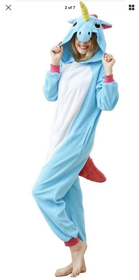 Unicornio Una Pieza Traje Unión Pijama Disfraz Ropa de Salón Azul Rosa Talla Mediana Foto 2 de 4