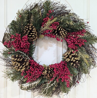 Ashland Christmas Wreath- New With Tag. Evergreens, Pinecones, And Red Berries. 